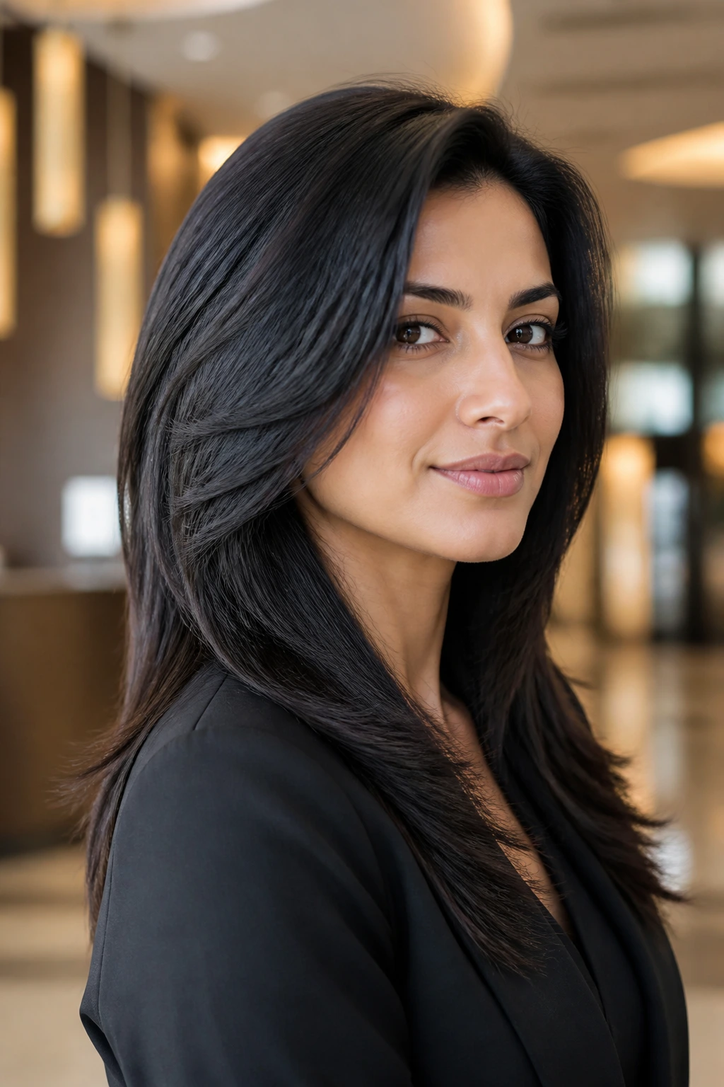 Close-up portrait of a real person with heavily layered angled cut for thick hair in an office