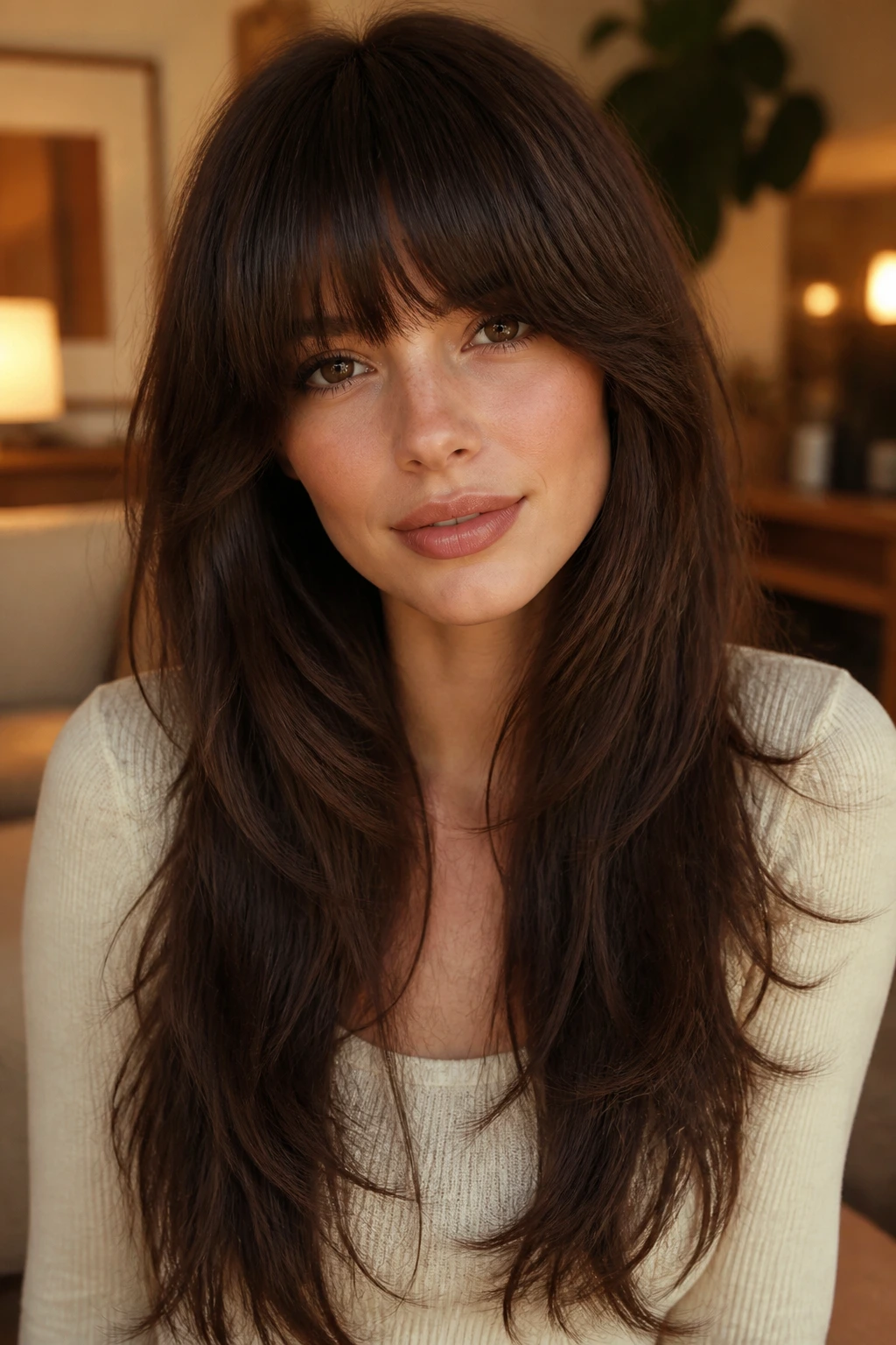 Portrait of a woman with heavy rounded bangs and choppy layers.