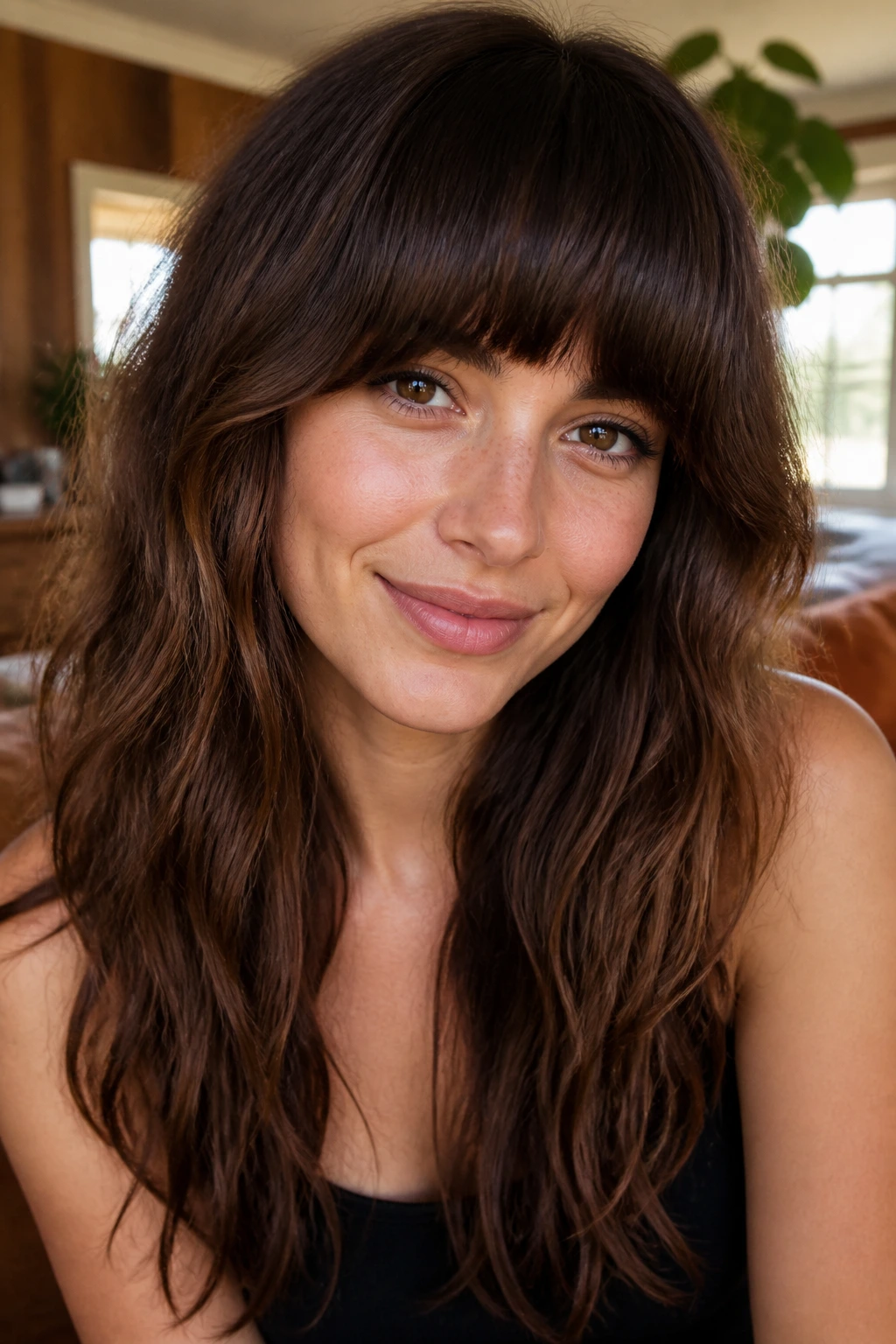 Real person with heavy rounded fringe arching around the eyes
