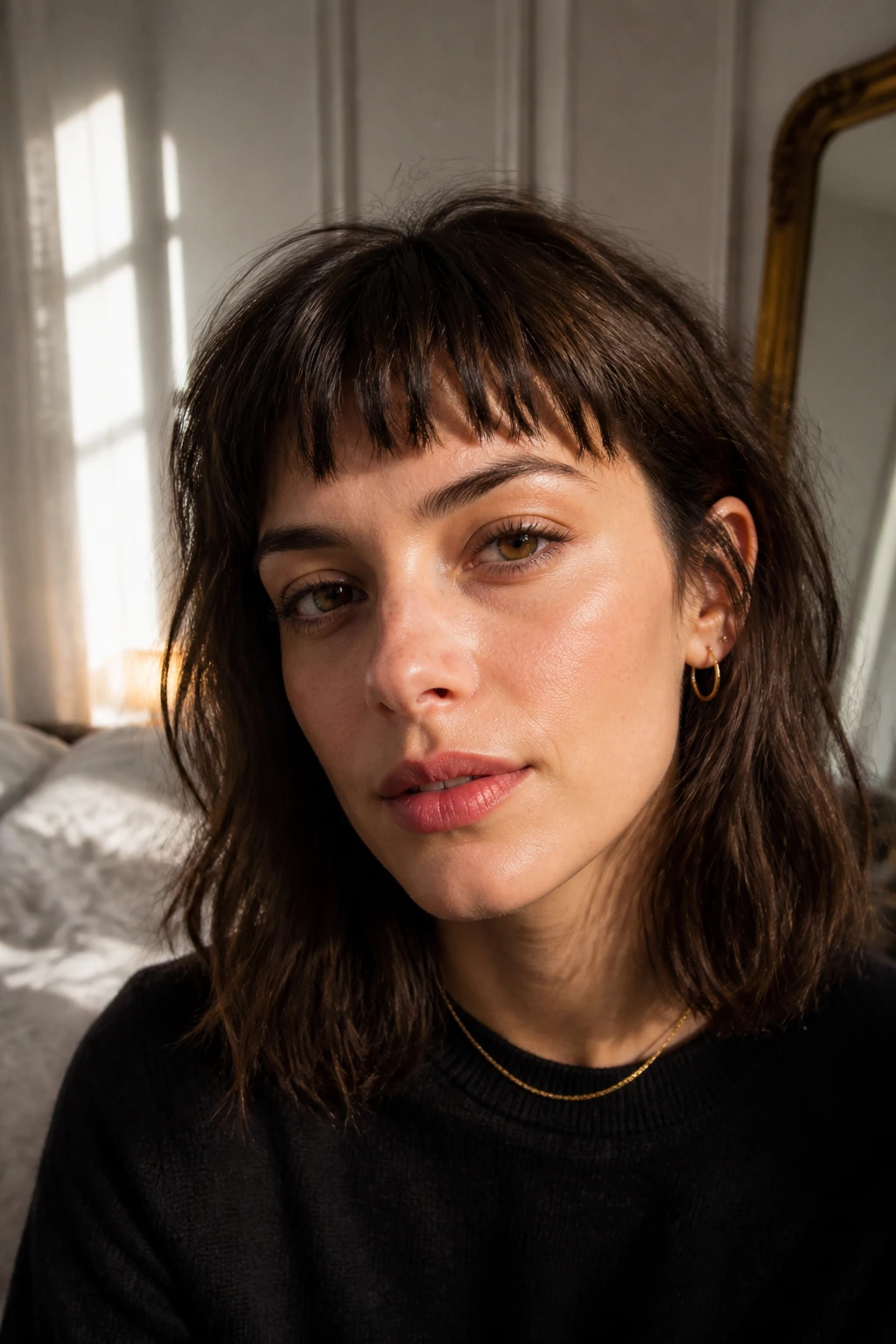 Close-up portrait of a real woman with heavy textured bangs in warm window light