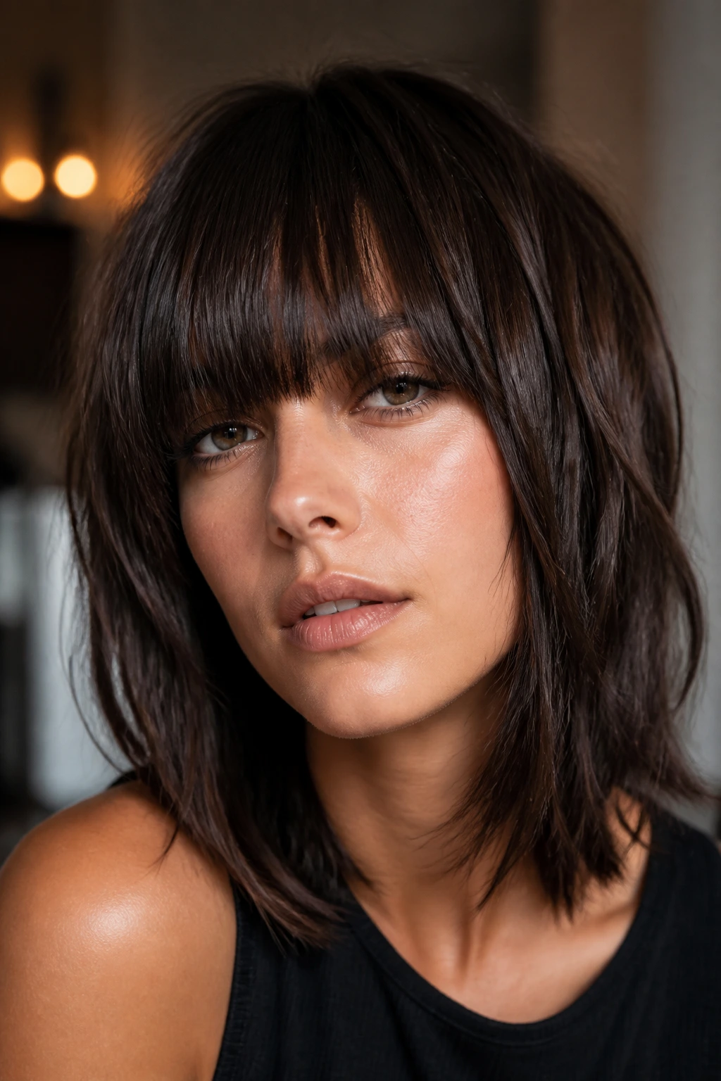 Close-up of a woman with full blunt fringe and textured layers in warm light