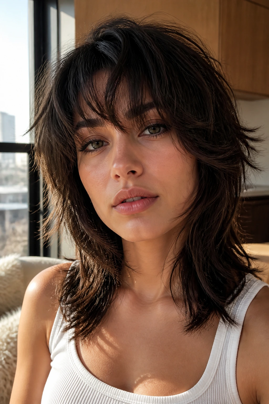 Portrait of a real person with heavy textured shag bangs in a sunlit apartment