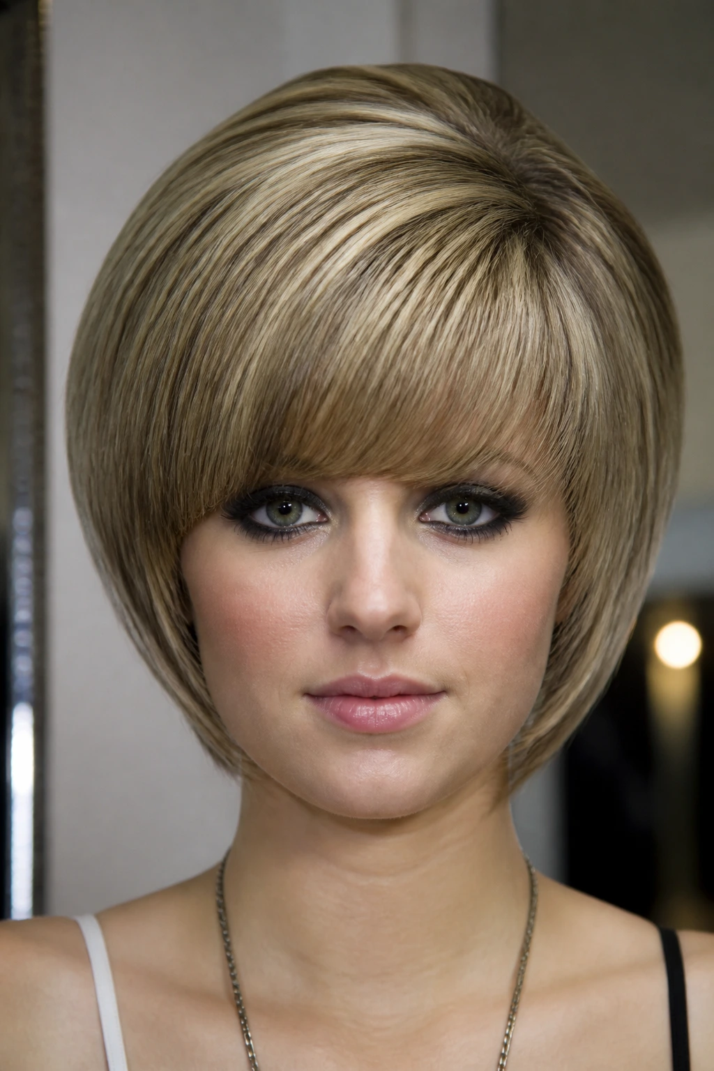 Portrait of a real person with a helmet-style rounded hair silhouette