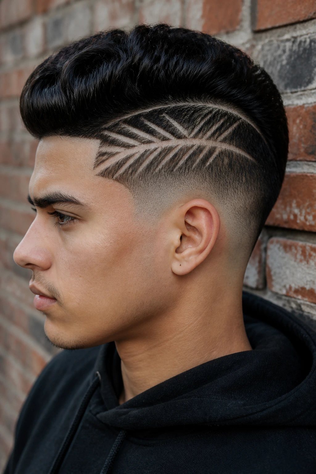 Close-up of herringbone shaved pattern on side of head