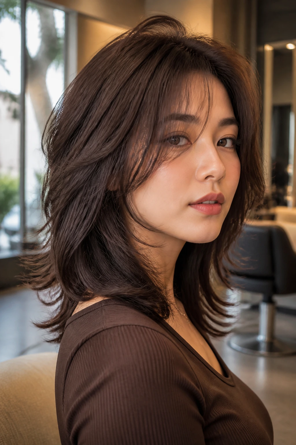 Close-up of a real woman with Hershey Cut showing maximum movement and layered crown.
