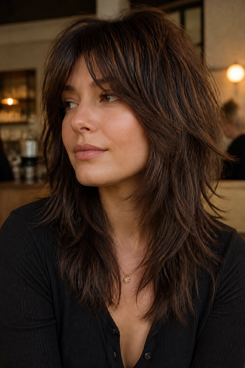 Close-up of a real woman with Hershey Cut featuring textured, choppy layers