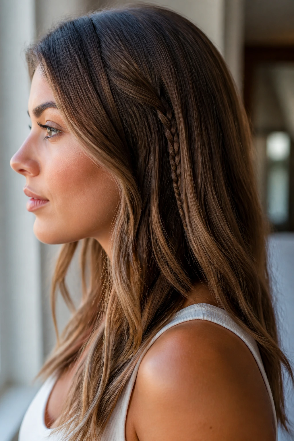 Profile view of a woman with a hidden accent braid behind the top layer.