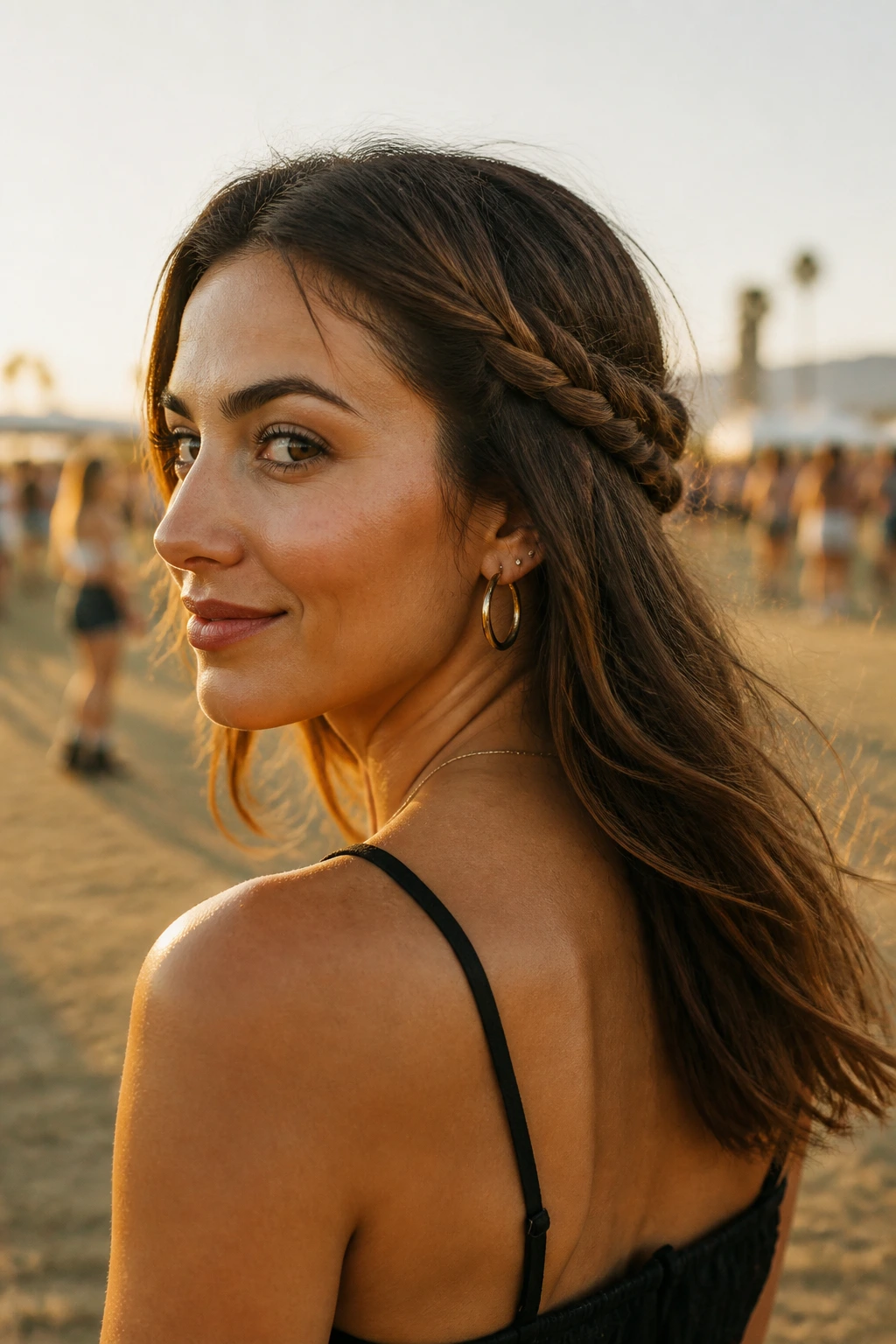 Close-up of a woman with a hidden braid crown at a festival during golden hour