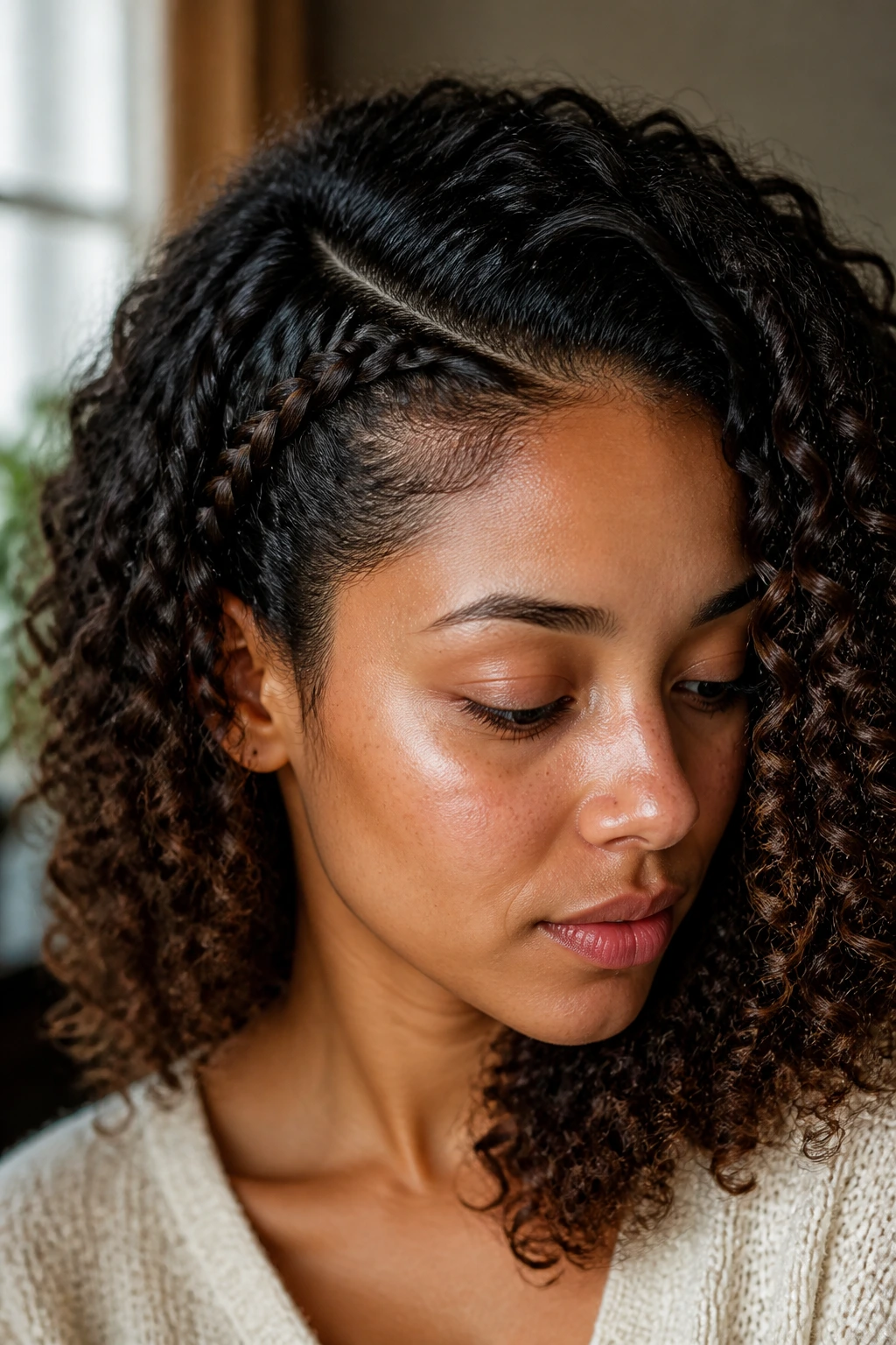 Close-up of a real woman with a hidden braid tucked behind the ear within curly hair.