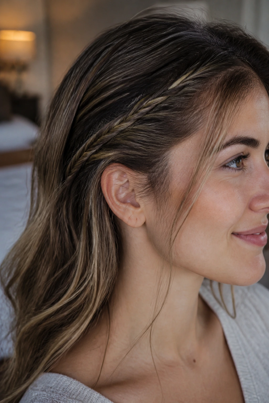 Close-up of a real woman's hair highlighting a tiny hidden braid at the hairline