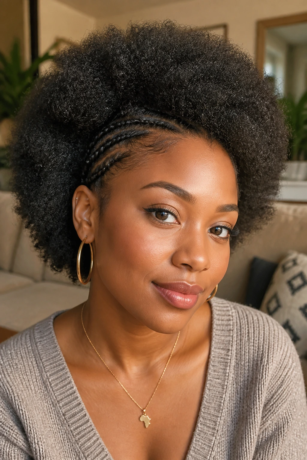 Close-up of real person with hidden braids in an Afro hairstyle