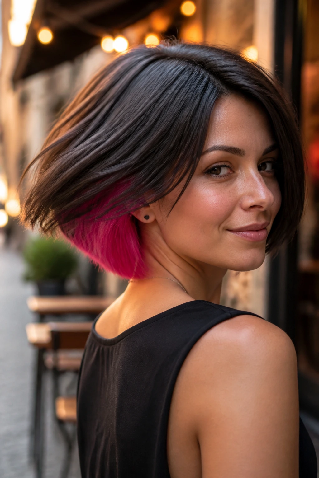 Portrait of real woman with hidden neon underlayer in angled bob
