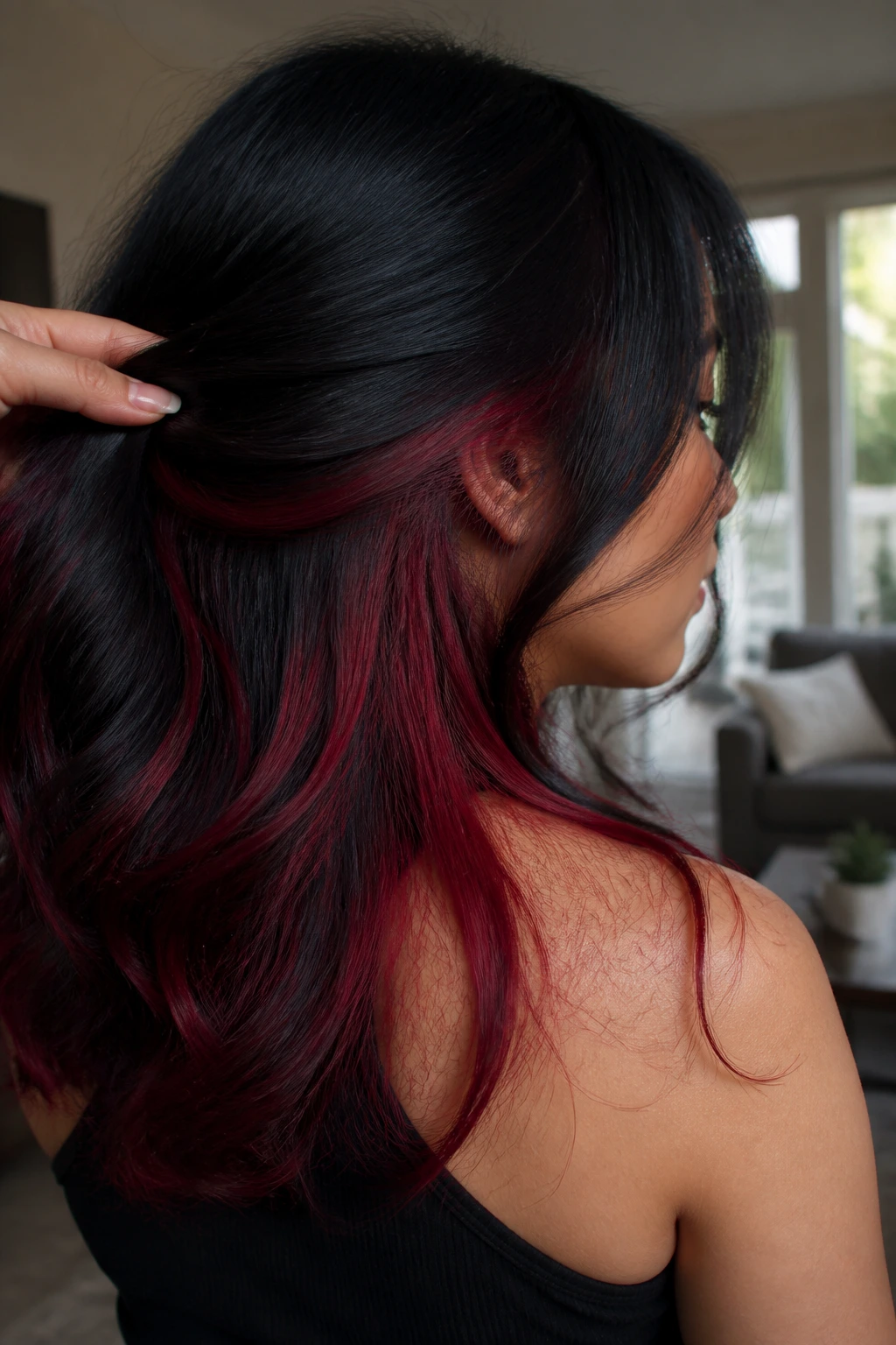 Portrait of a real person with black top hair and crimson underlayers peeking through.