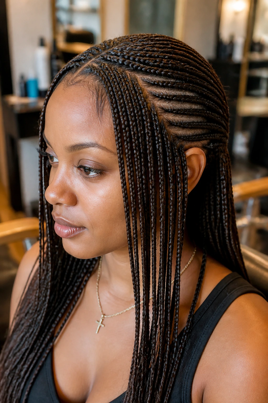 Close-up of micro braids with hidden cornrows on a real woman.