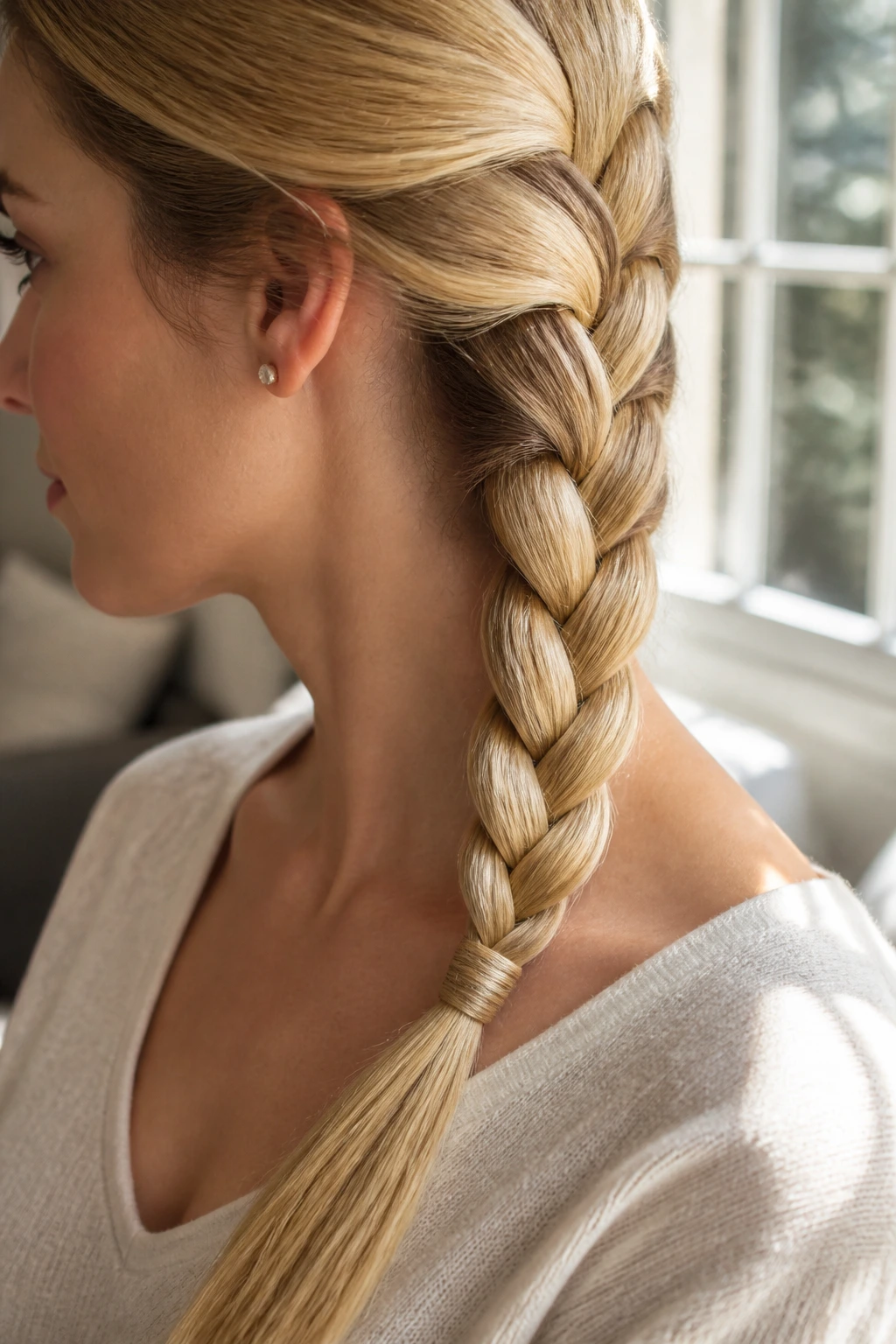 Close-up of hidden-elastic banana braid on a real person