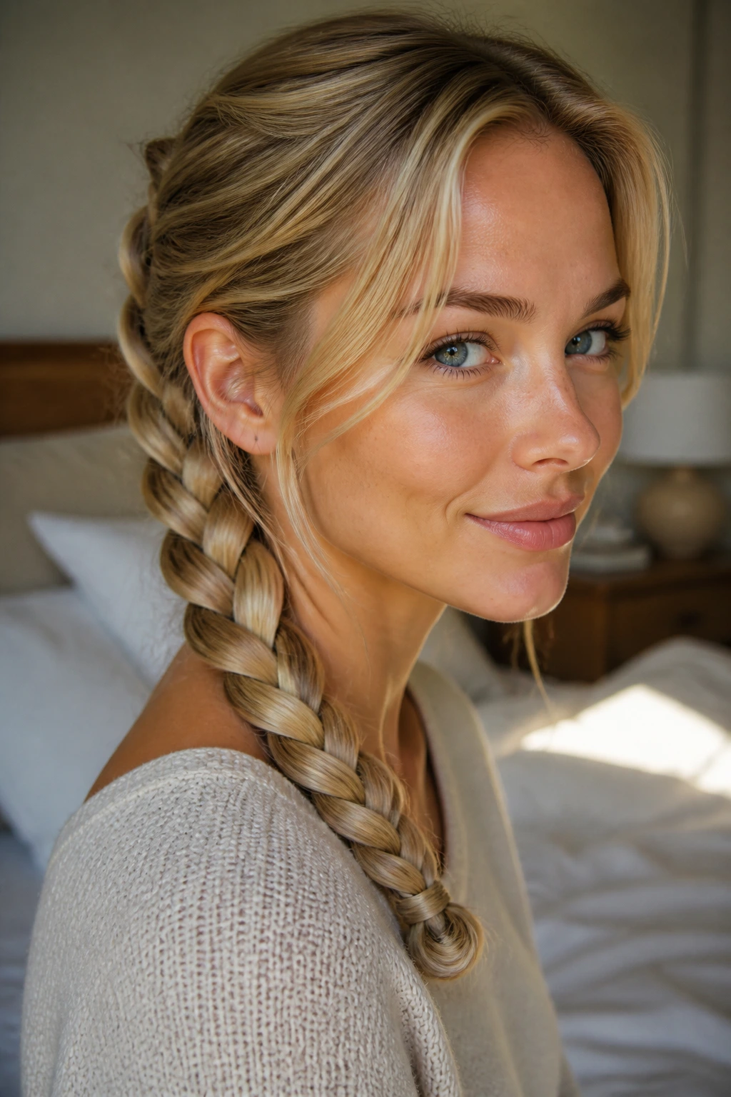Close-up of a real woman with a finished braid whose end is tucked into a tiny loop