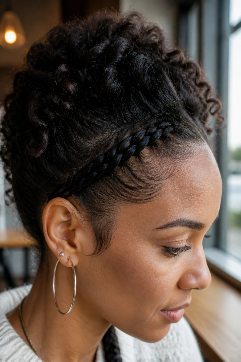 Side profile of a woman with a hidden headband braid along the hairline
