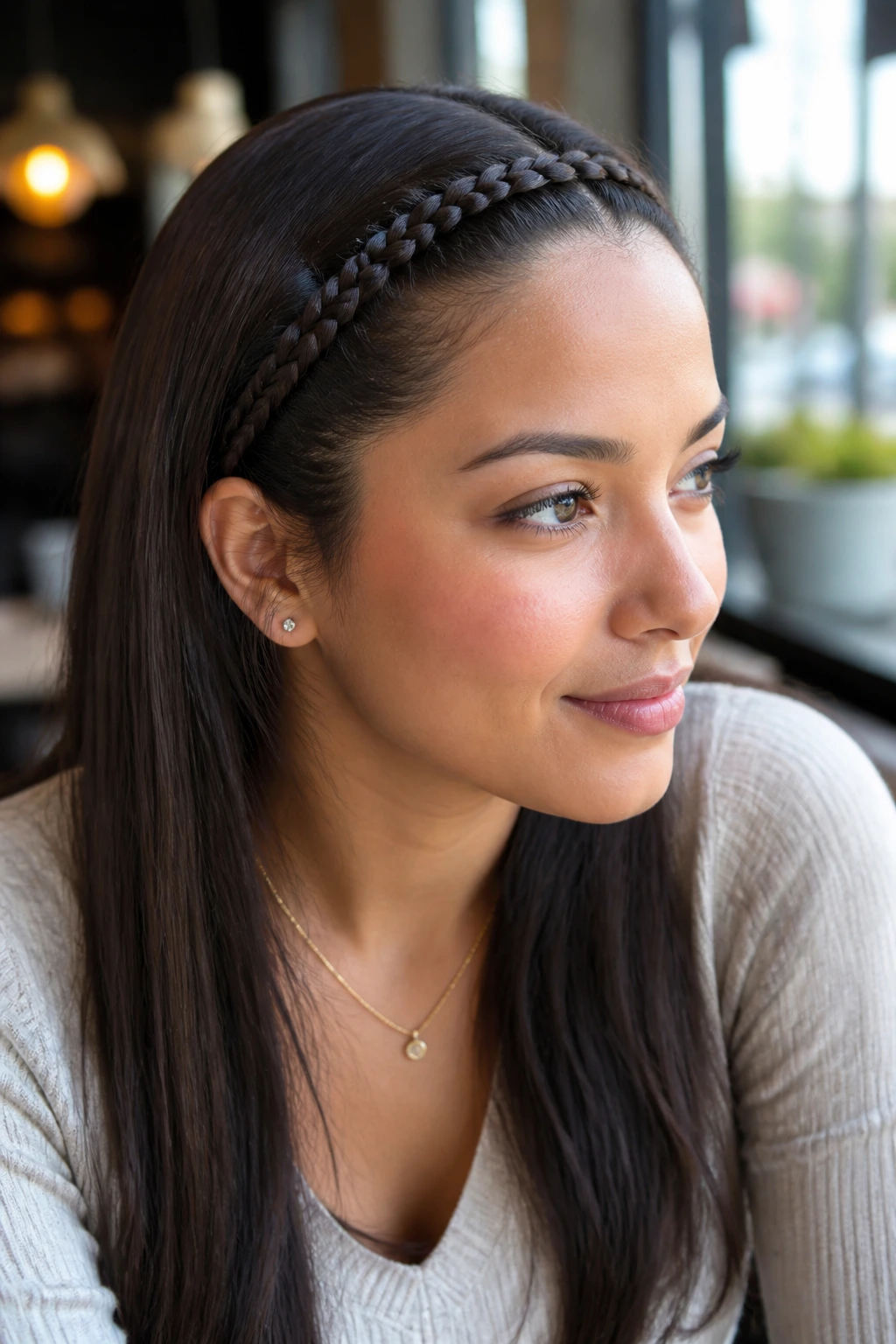 Real woman with a thin headband braid spanning across the hairline behind one ear.