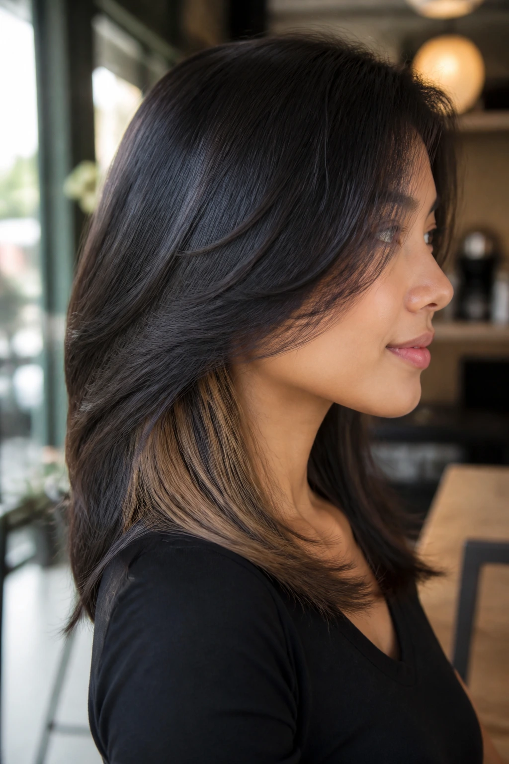 Close-up of a real woman with a V-cut and hidden highlights at the nape.