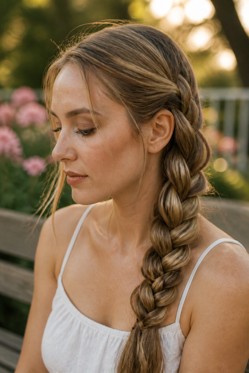 Close-up of a woman with a side braid featuring hidden knots