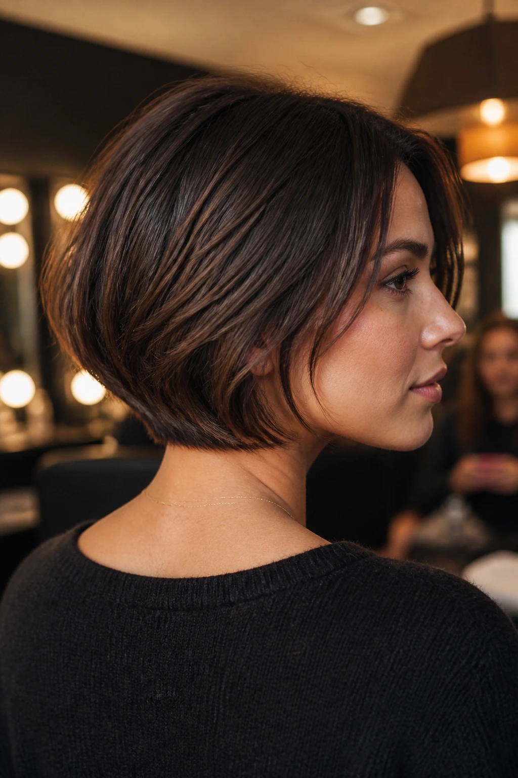 Portrait of a real woman with hidden-layer bob at nape.