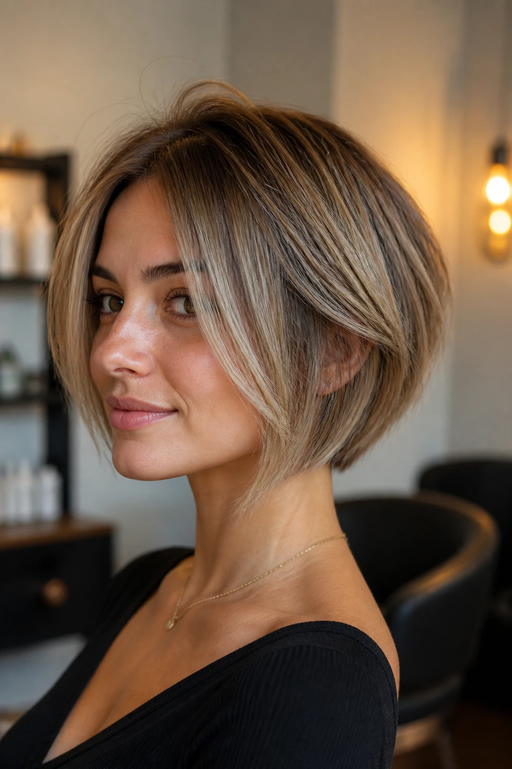 Close-up portrait showing hidden-layer bob with crown volume on a real woman