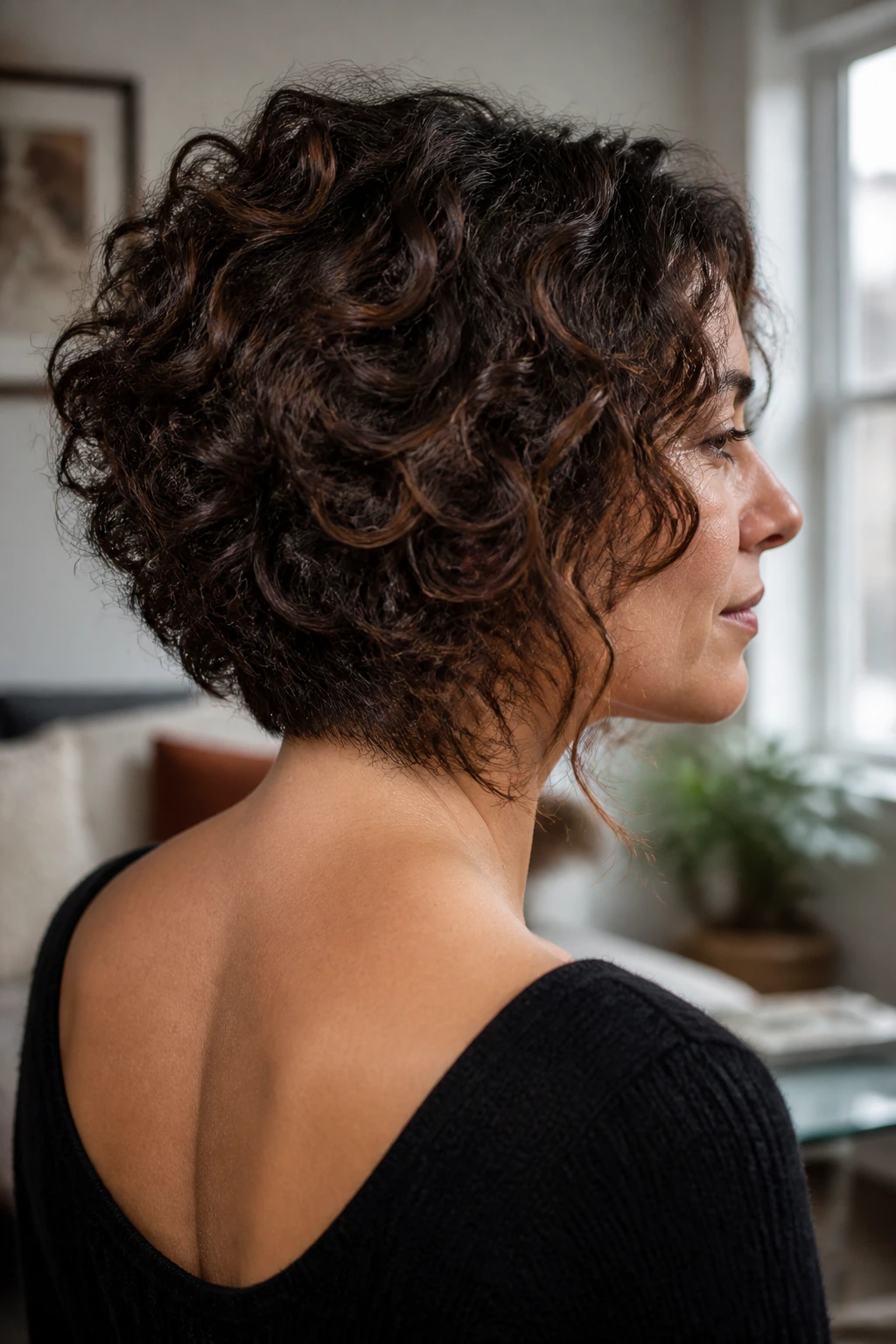 Back/side view of a real woman showing hidden layers inside an inverted bob