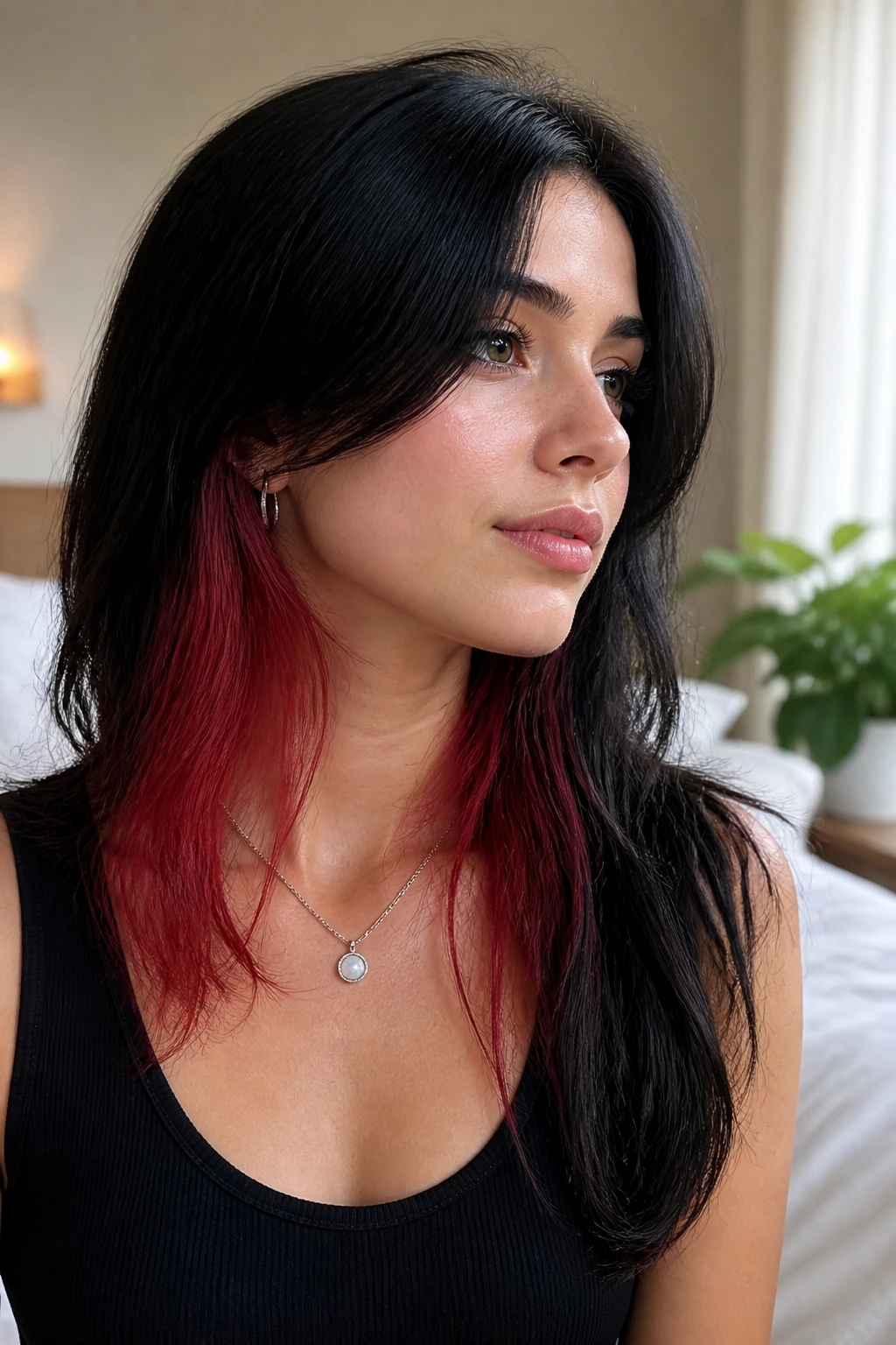 Close-up portrait showing classic hidden layer placement with black top and red underlayer at the nape