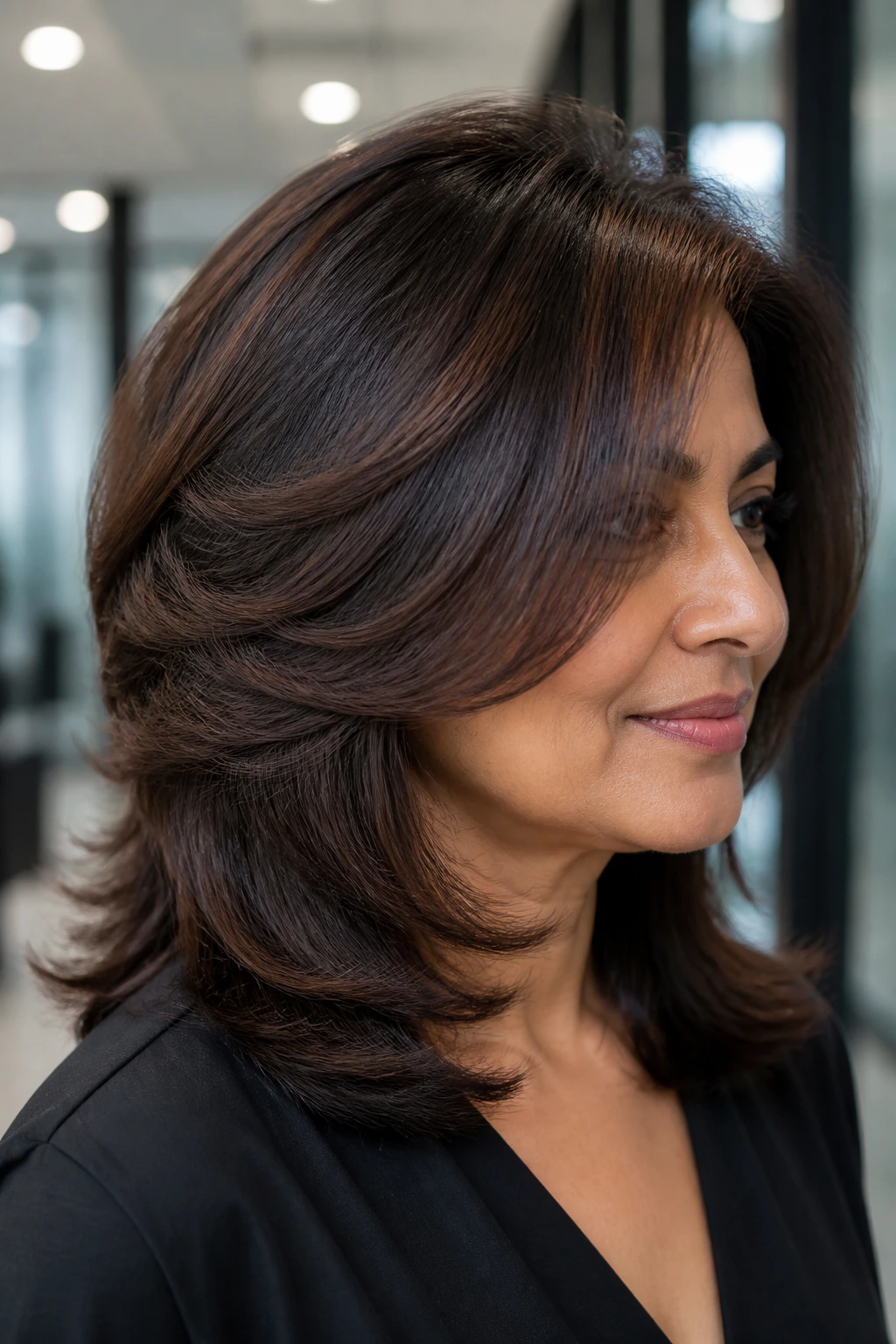 Real woman showing hidden-layer stack to manage bulky hair in an office hallway.