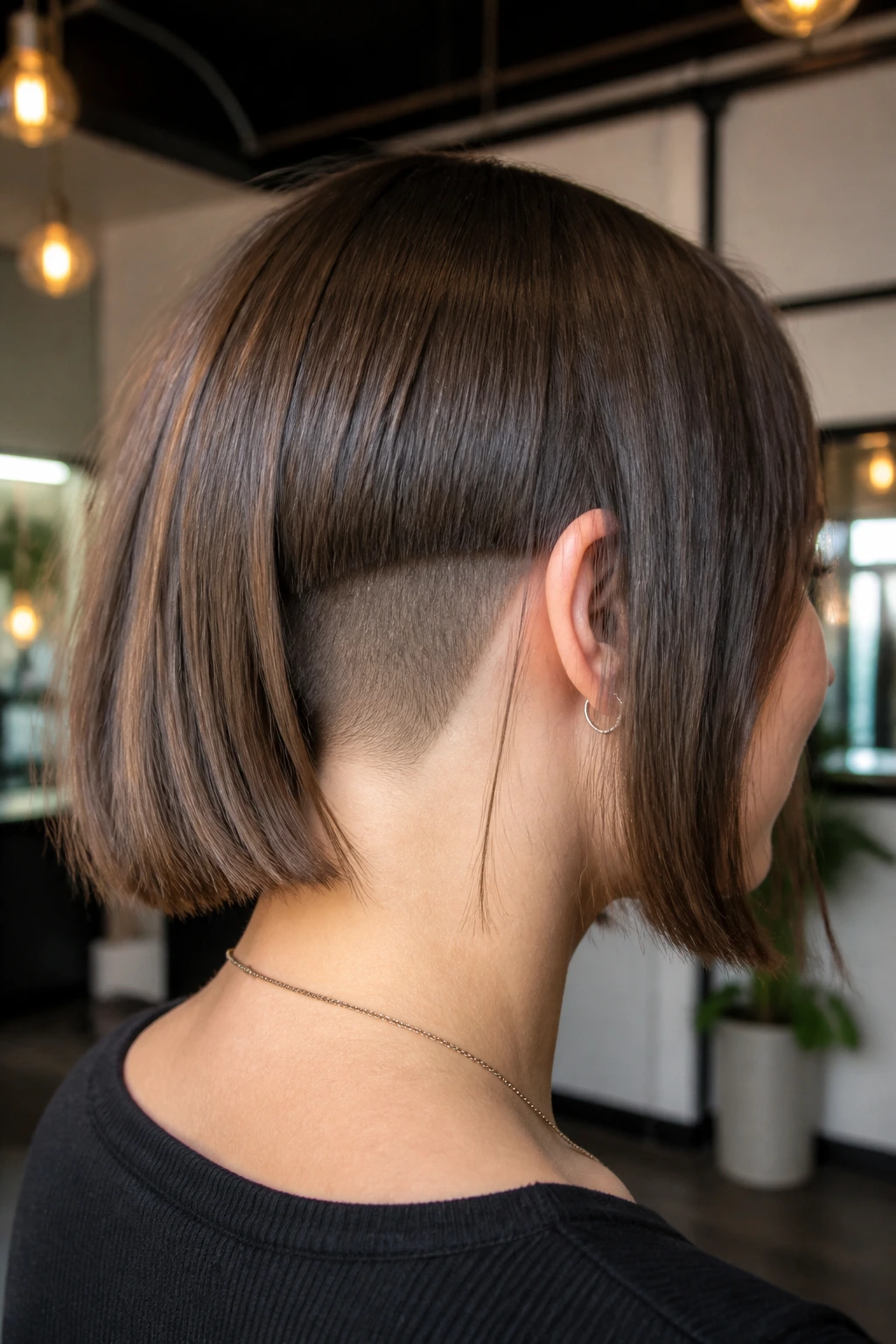 Rear three-quarter view with hidden shaved band above the nape in a bob.