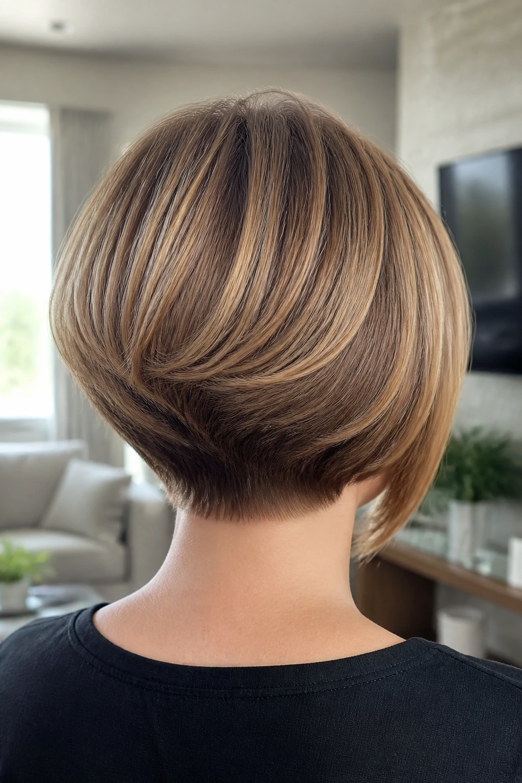 Back view of hidden layered stack haircut creating crown lift on real person
