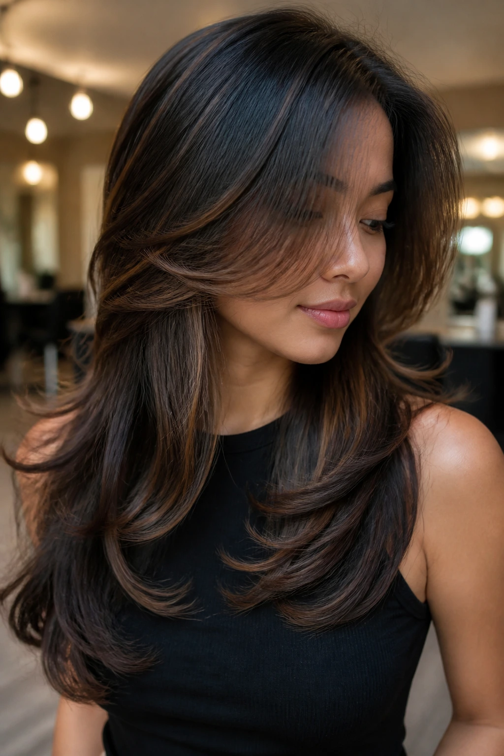 Close-up of a real woman showing hidden lowlights in a butterfly cut.
