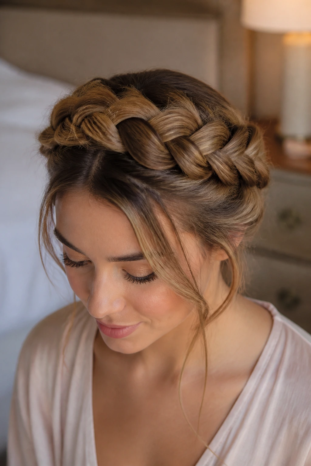 Portrait of crown braid with hidden pins giving floating look