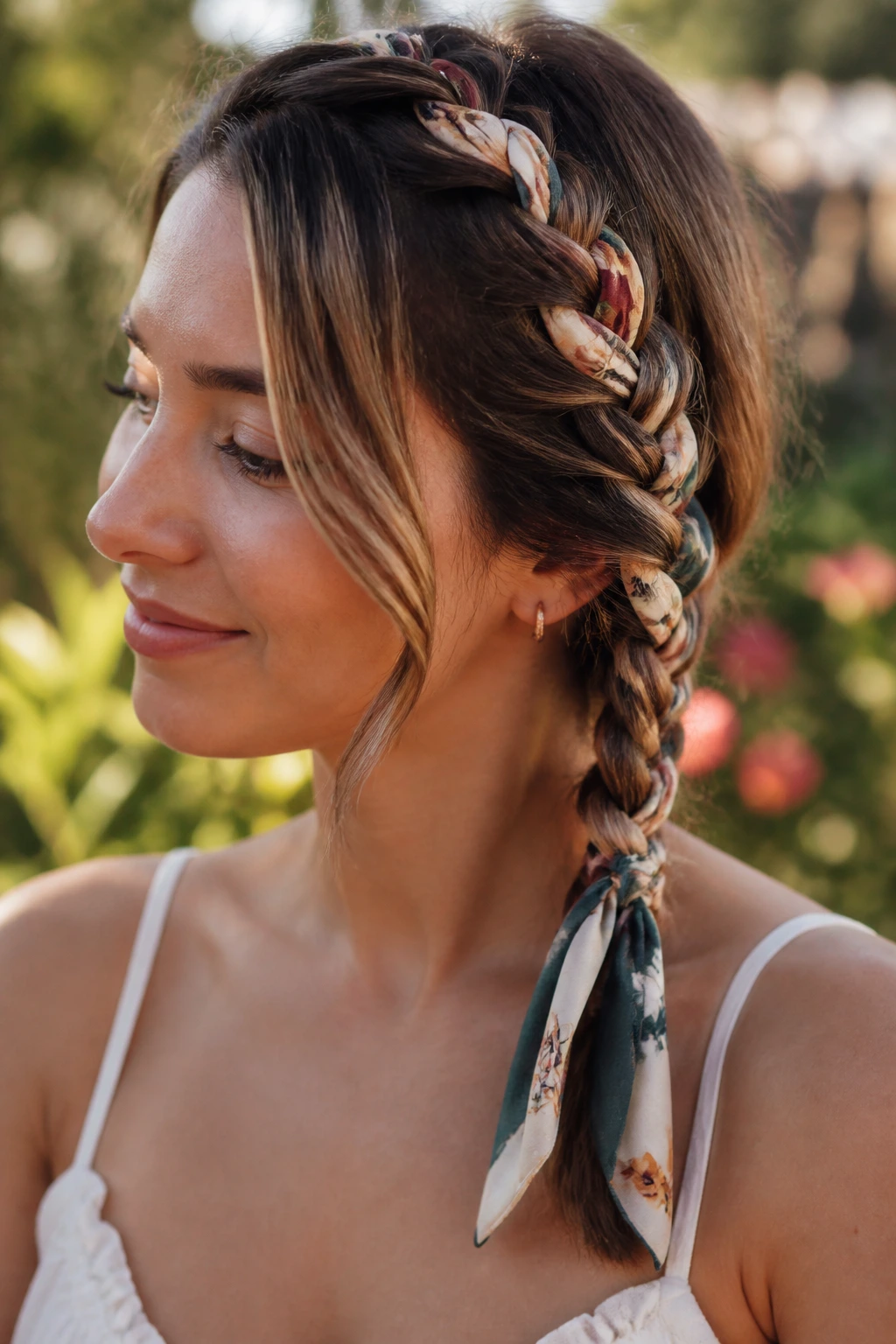 Close-up of a real woman with a silk scarf woven into her braid
