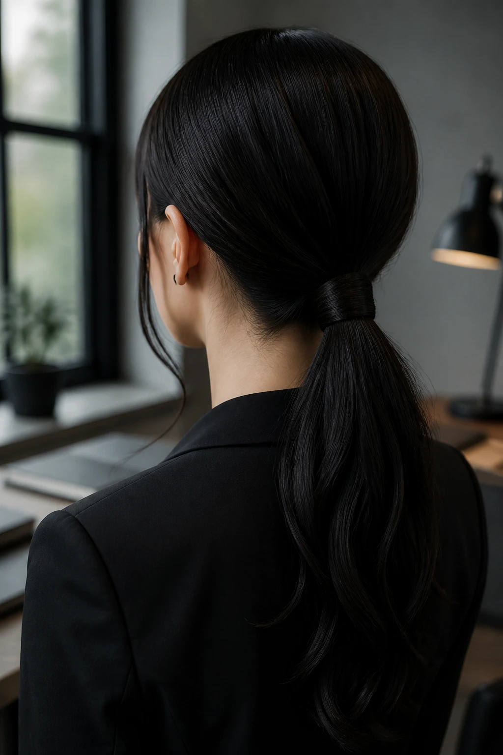 Back view of a real person with a low ponytail and hidden tie at the base