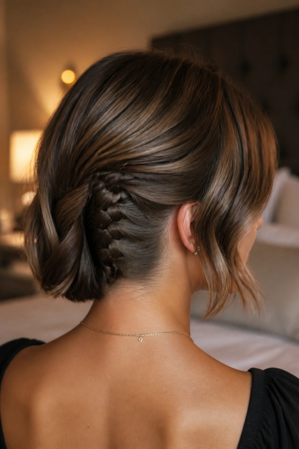 Woman with a hidden under-braid at the nape, hair neatly styled