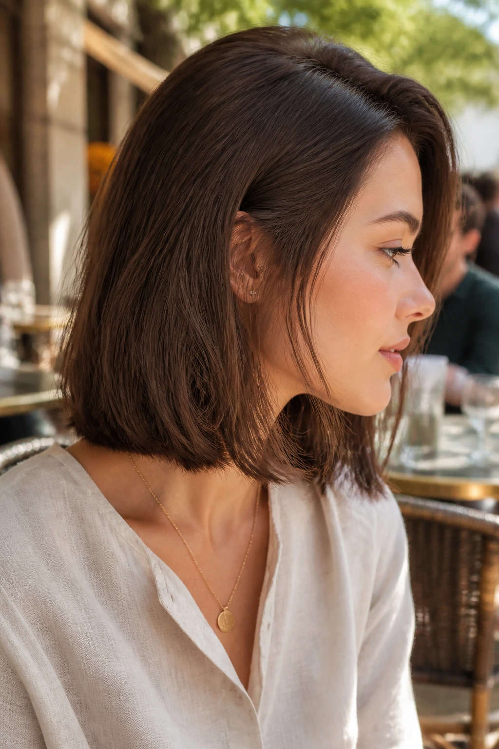 Profile shot of a real person with a lob and hidden undercut at the nape
