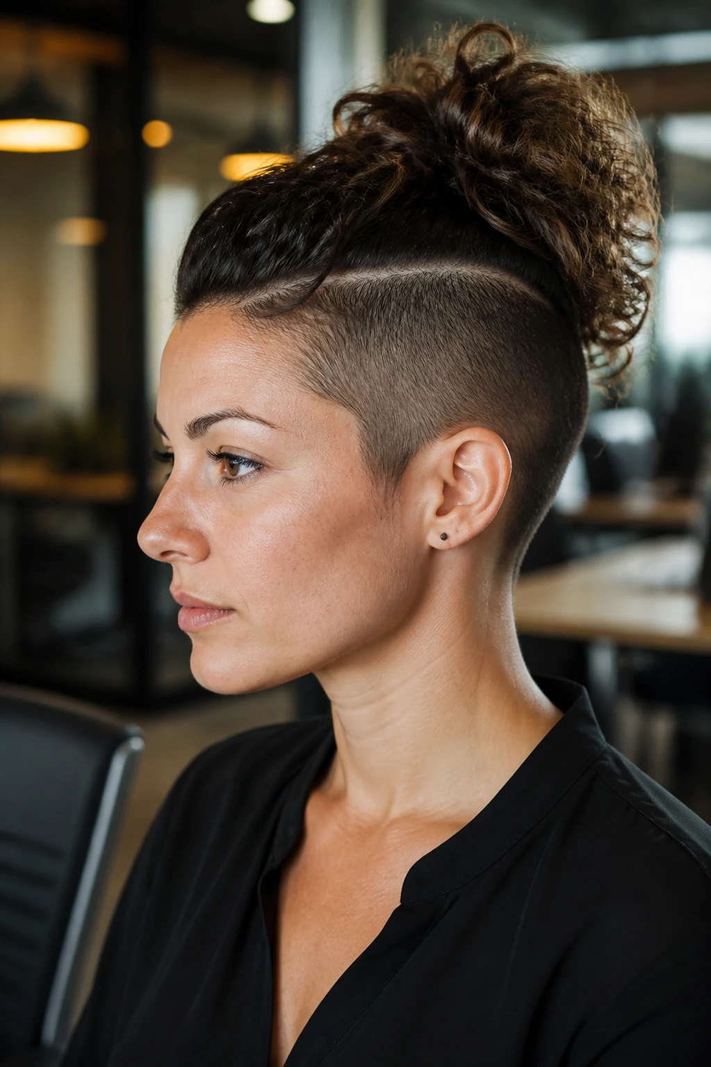 Head-and-shoulders portrait of a real person with hidden undercut mohawk in an office setting