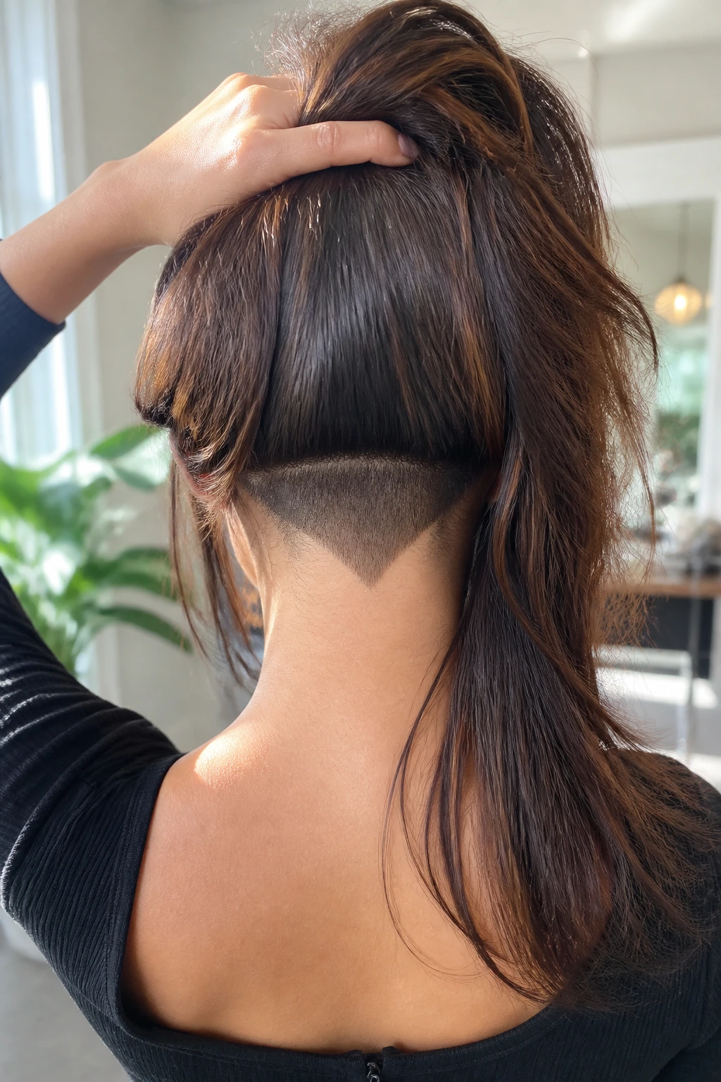Back-of-head close-up showing hidden V-cut with soft undercut