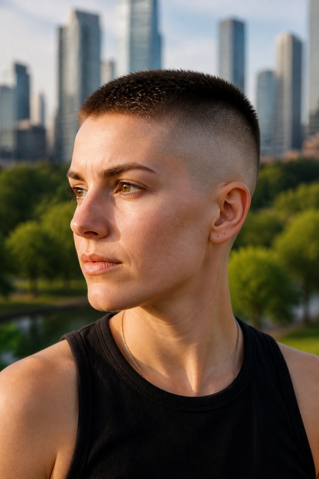 Close-up of a real person with high-and-tight buzz and bare sides