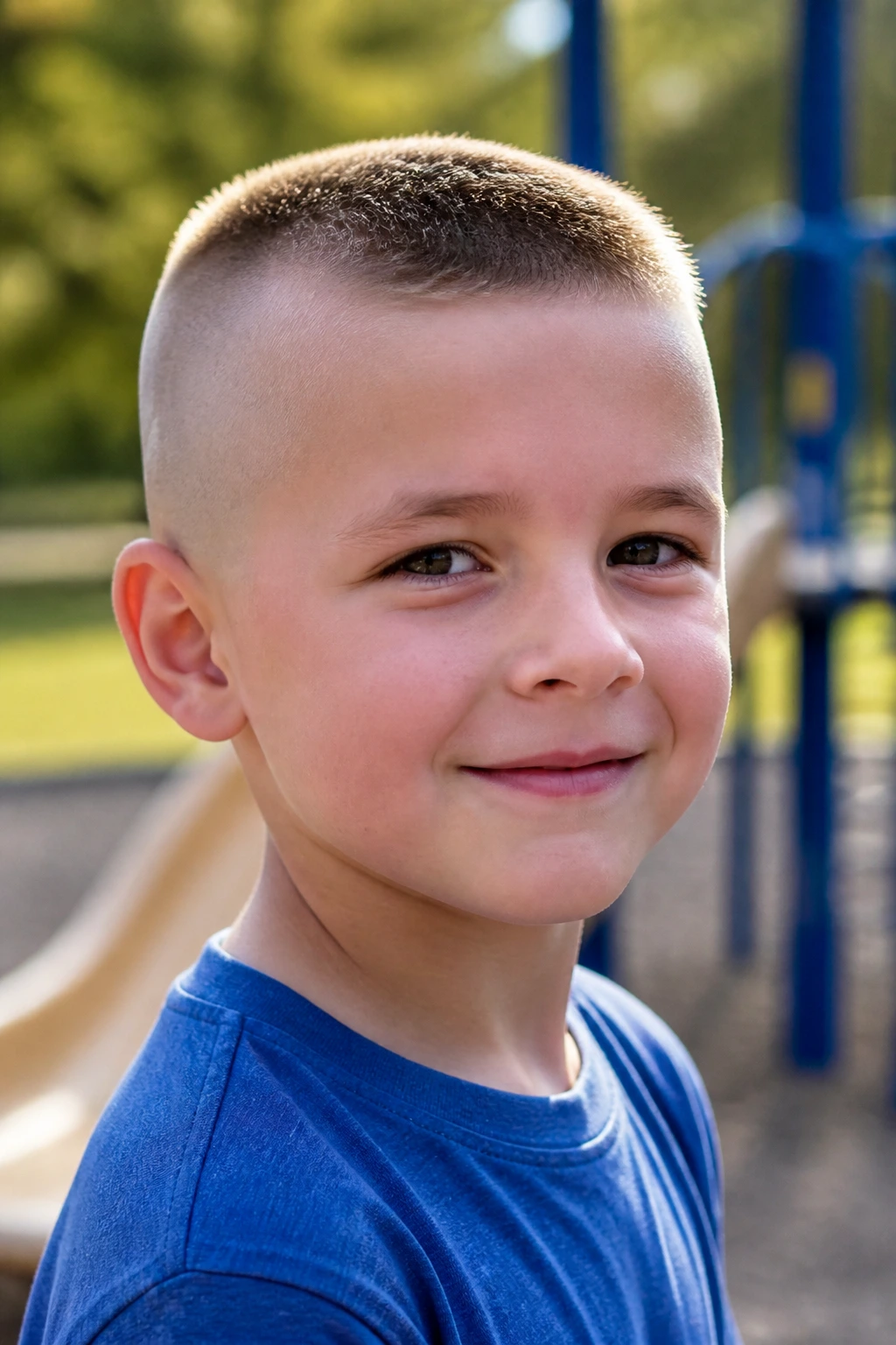 Child with high and tight haircut in outdoor playground.