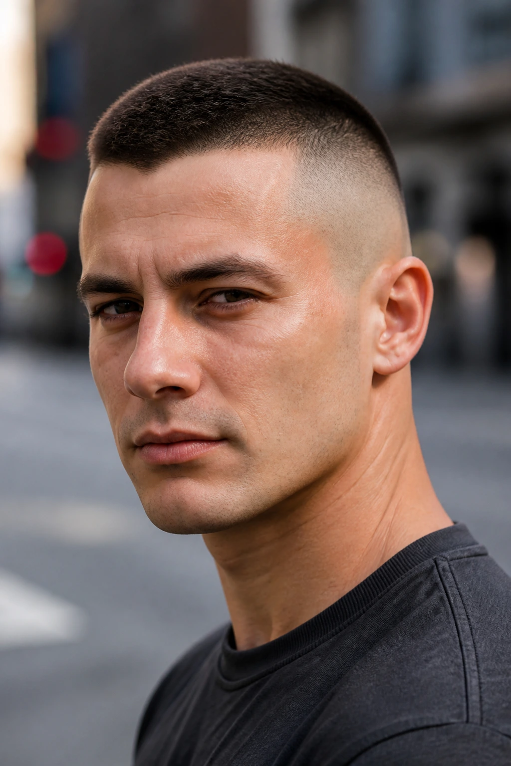 Close-up portrait of a man with a high and tight military haircut.