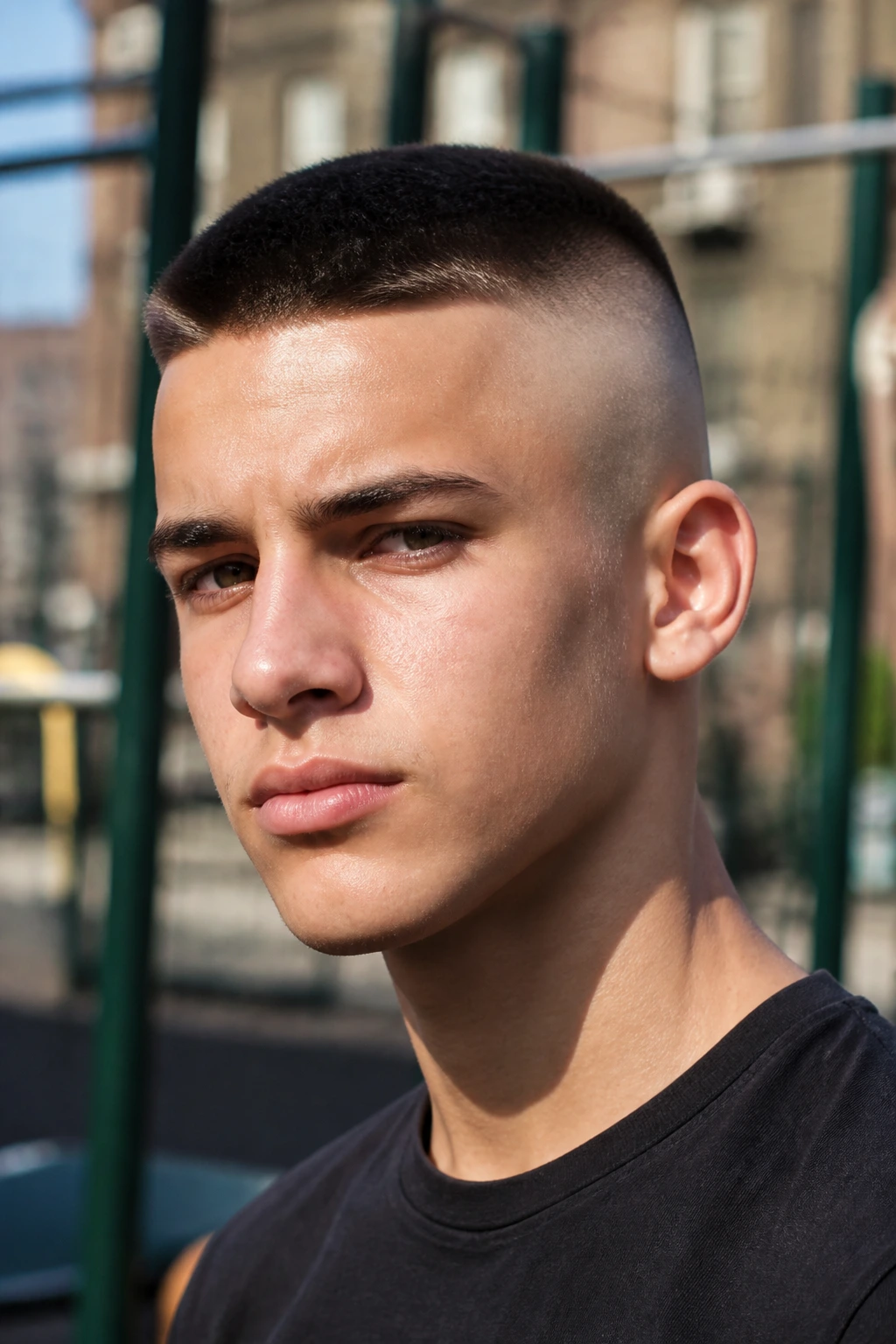 Close-up of a teenage boy with high and tight haircut outdoors