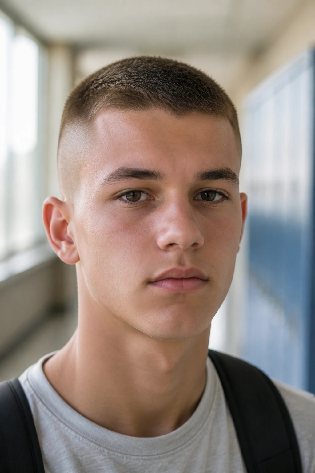 Teen boy with high and tight haircut, close-up portrait in school hallway
