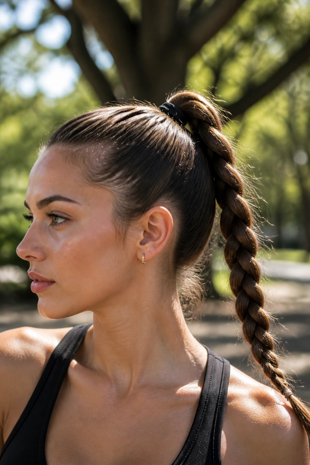Close-up of a real woman with a high braided ponytail in outdoor daylight