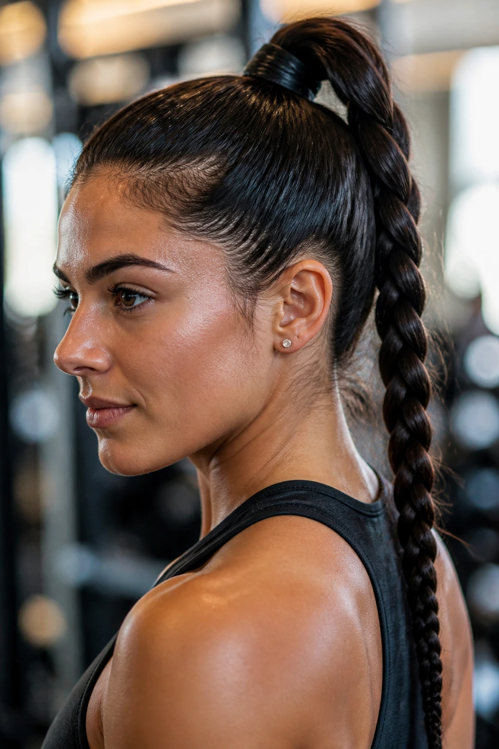 Real person with a high ponytail braided, gym setting in background.