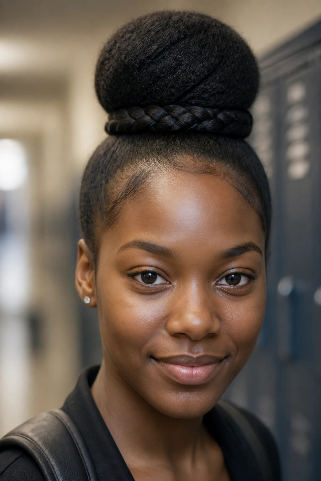 Close-up of a student with a high bun featuring a braided base.