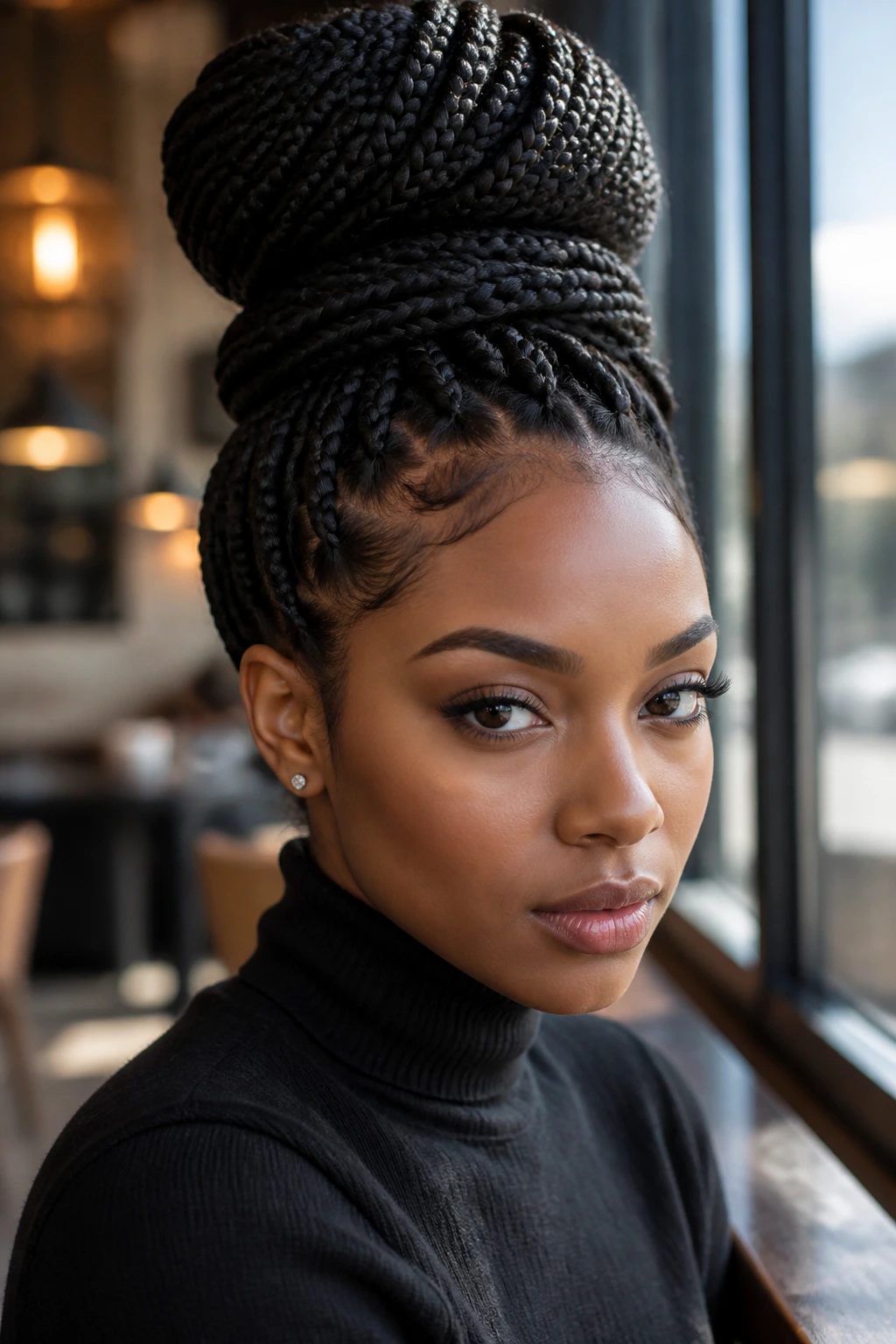 Close-up portrait of a real woman with a towering high bun made of braids.