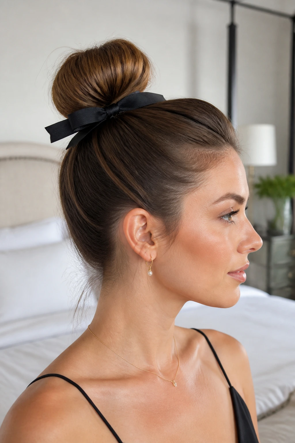 Profile of real woman with high bun and grosgrain ribbon bow