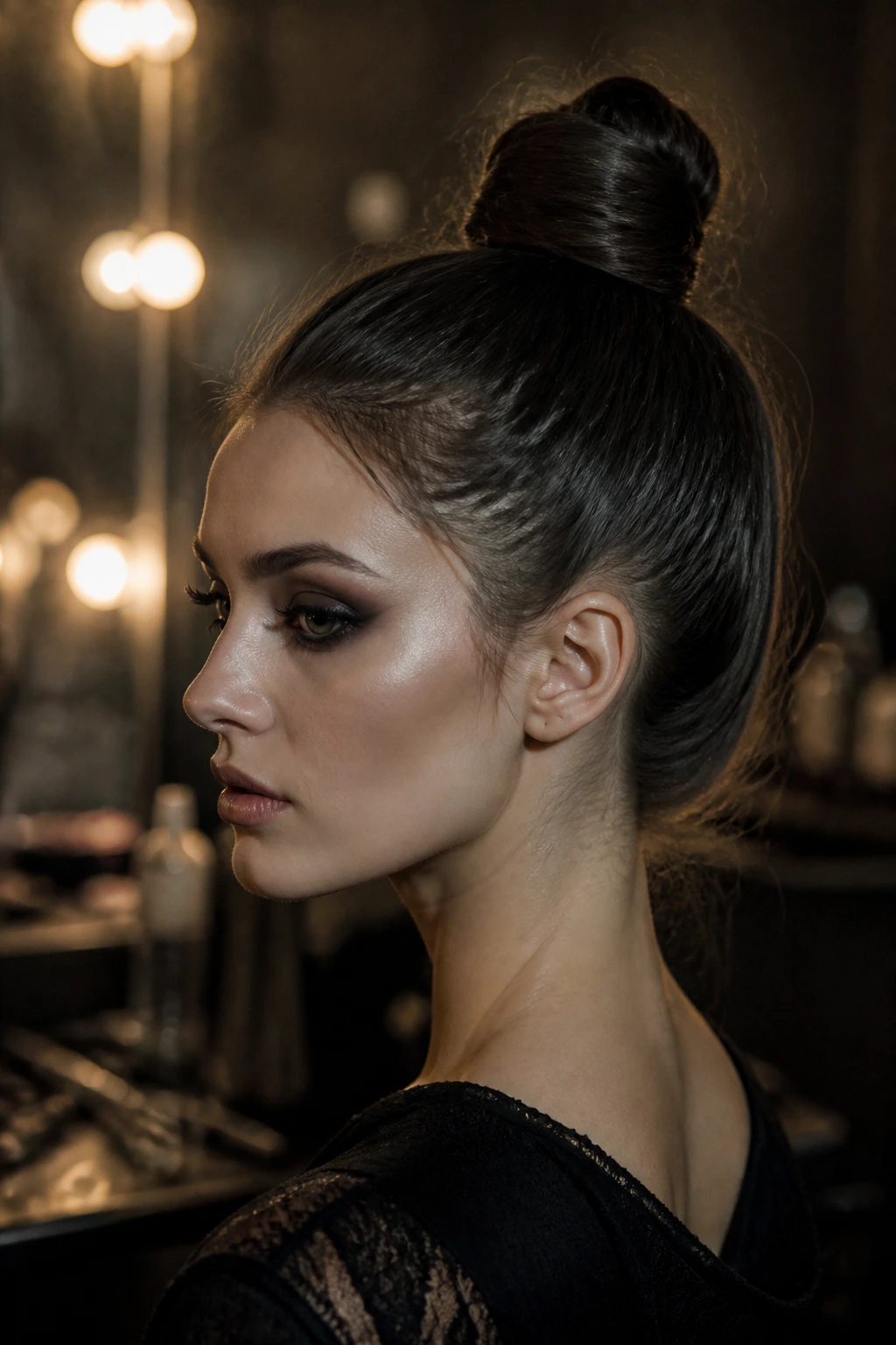 Close-up of a real person with a small high bun at the crown